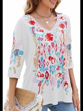Johnny Was Emmaline Embroidered Floral Blouse M